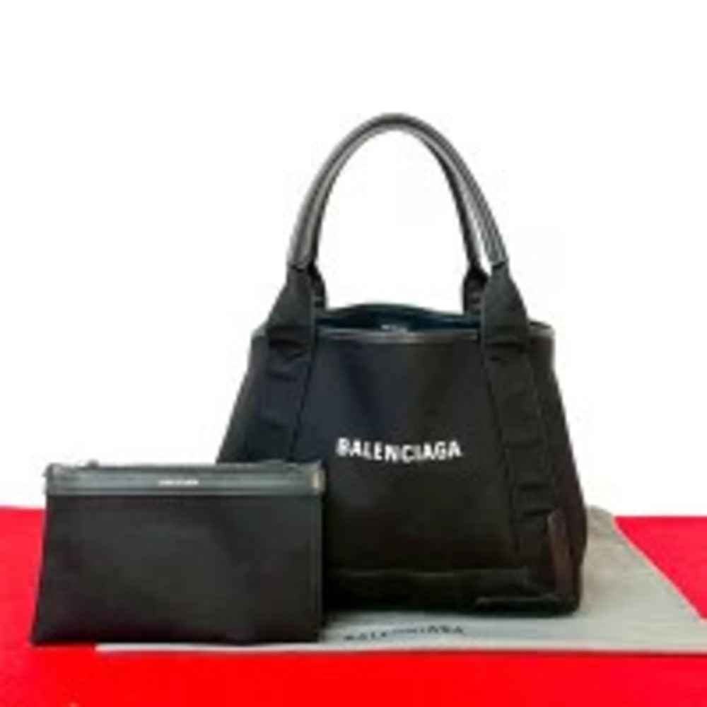 Balenciaga Navy Blue Cabas Canvas Leather Tote Bag Handbag Black